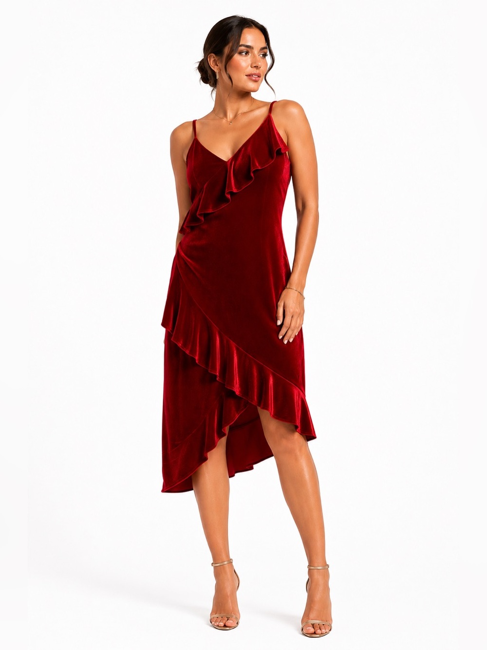 Express Red Velvet Ruffle Midi Dress Size M One Shoulder Holiday Cocktail